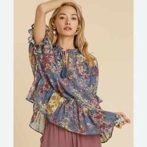 Floral Ruffle Peasant Top in Dusty Blue